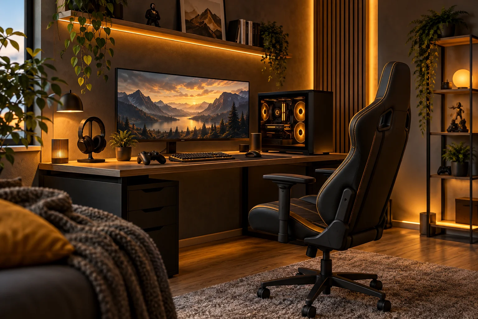 Kompakte Gaming-Ecke mit warmem Licht Kompakte Gaming-Ecke mit warmem Licht